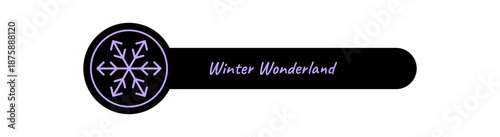 Snow flake outline label in black and purple with decorative seal for winter lid package. Festive xmas box element adds cold, snowflake detail as unique accent decoration for seasonal packaging.