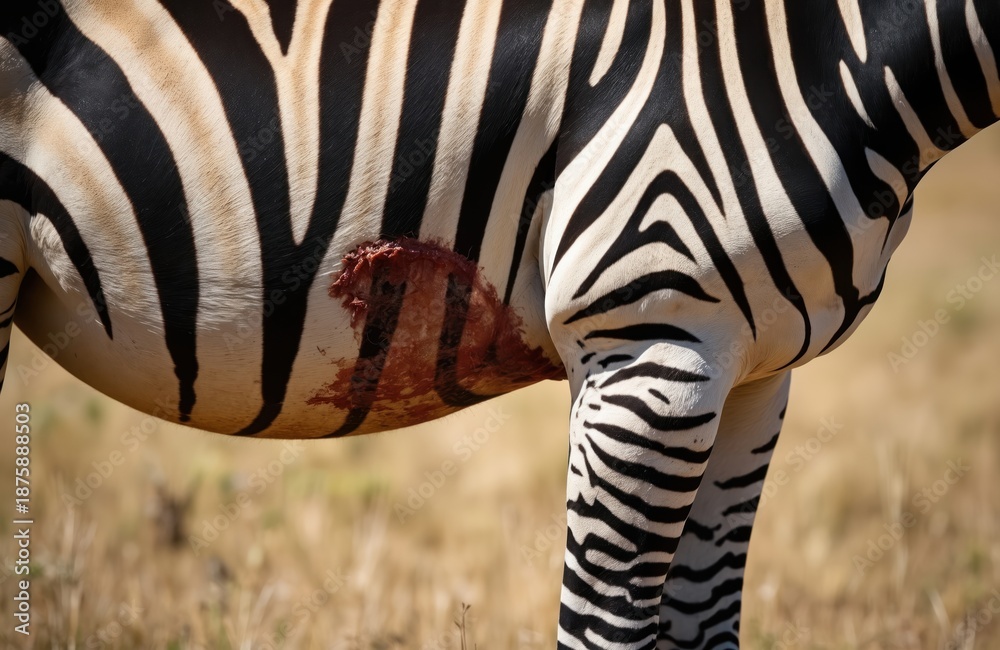 Obraz premium Injured zebra with deep wound on its side bleeds in dry grass. Mammal shows signs of suffering and possible illness. This wild animal condition is critical, suggesting fight or predator attack.