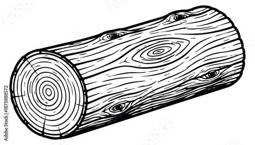 Hand drawn line art illustration of a wooden log depicting its bark texture and cut end for nature concepts