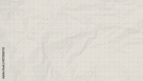 Crumpled graph paper sheet with grid pattern, light beige notebook background with subtle wrinkles and texture, blank template for math, engineering, stationery or design layout. Vector illustration.