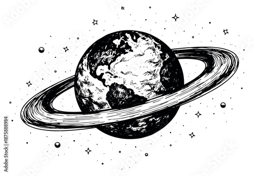 Hand drawn line art illustration of a planet with rings depicting a cosmic scene for science and astronomy
