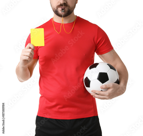 Fotografija Referee with yellow card and soccer ball blowing whistle on white background, cl