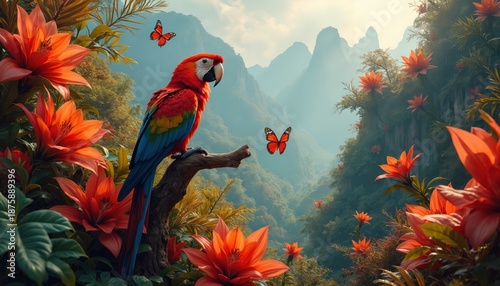 Red parrot perches on branch amid vivid jungle flowers and butterflies. Rich green mountains rise in misty background. Nature scene with exotic flora and fauna.