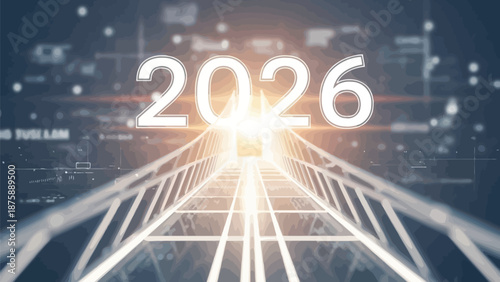 A glowing futuristic digital pathway leading towards the prominent year 2026, symbolizing progress