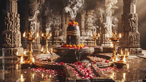 Series of spiritual ritual scenes with ornate stone carvings and glowing lamps