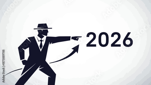 Strategic executive silhouette points towards future year 2026, symbolizing ambitious growth and