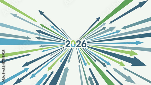 Dynamic directional arrows converging around the year 2026 symbolizing future paths and progress