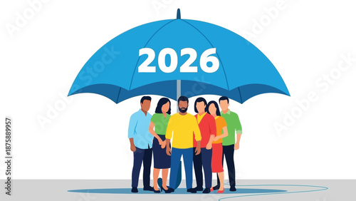 A diverse group of individuals united under a large blue umbrella with 2026, symbolizing