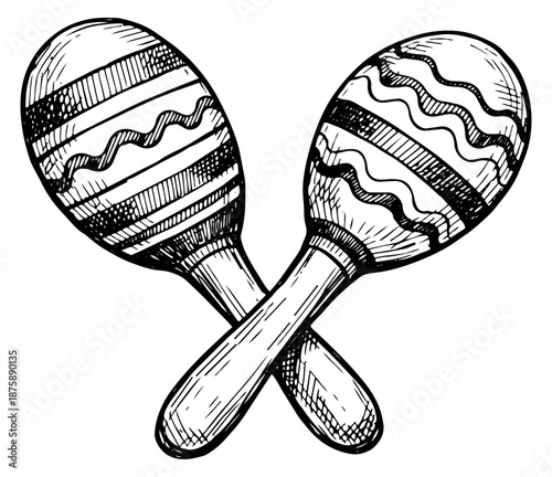 Hand drawn line art illustration of two maracas depicting them crossed for a musical celebration