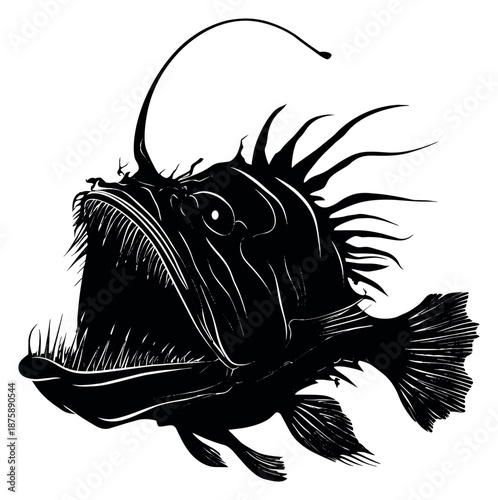 Line art illustration of an anglerfish depicting a formidable deep-sea predator for marine biology and nature designs