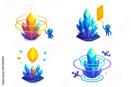 Luminous Crystal Clusters. Isometric vector illustration set Crystal formations storing light: orbiting luminous crystal clusters