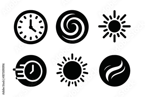 Radiant Time Icons. Solid style round vector icons of radiant time concept: clock dial, rainbow spiral, glowing line, bright