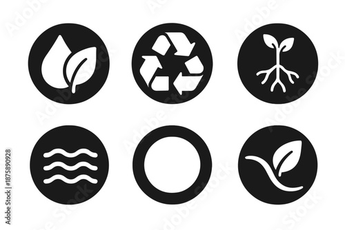 Eco Balance Icons. Solid style round vector icons of eco balance: droplet leaf, recycling sign, plant root, soft wave, clean