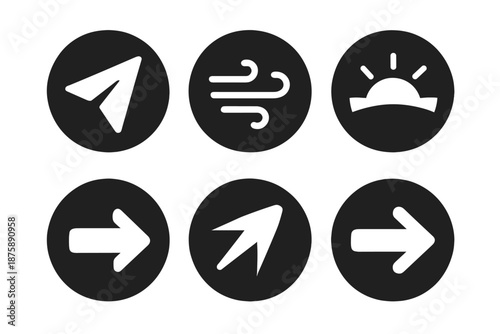 Dynamic Arrow Icons. Solid style round vector icons of forward motion: soaring paper plane, wind flow, rising arc, distant horizon