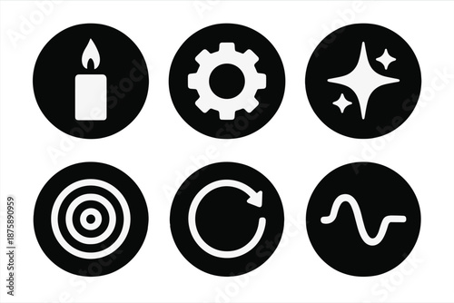 Illumination Icons. Solid style round vector icons of illumination and progress: candle light, tech gear, subtle shine, circular