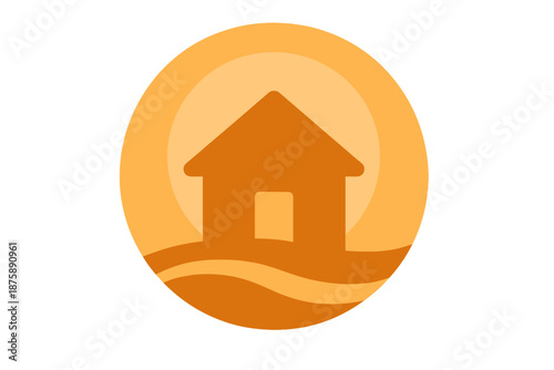 Peaceful Shelter Icons. Solid style round vector icons of peaceful shelter: round home icon, soft halo, warm tone, protected space