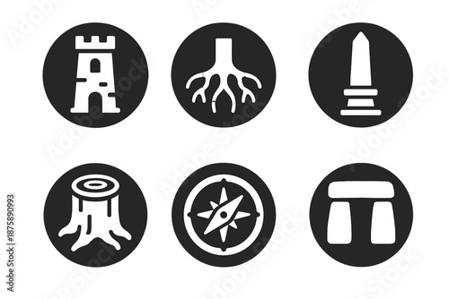 Legacy Icons Collection. Solid style round vector icons of legacy and endurance: tower, roots, monument, tree trunk, compass,