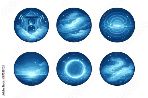 Sonic Mystery Icons. Solid style round vector icons of sonic mystery: towerbell, mist, resonant line, horizon haze, ring glow,