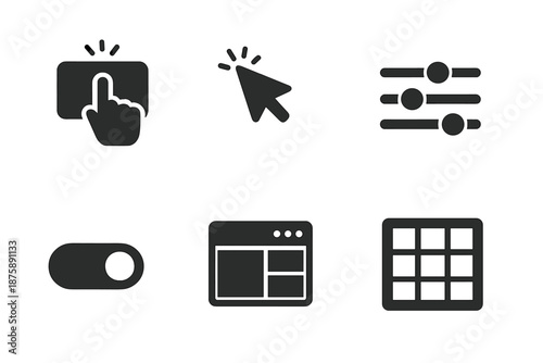 Minimal UX Icons. Solid style icons of minimal UX design: touchpad, cursor, slider, toggle switch, window layout, grid frame No