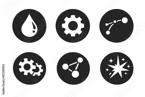 Innovation Icon Set. Solid style round vector icons of innovation craft: inkdrop, gearwheel, motion curve, connector, spark,