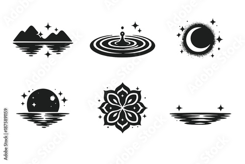 Reflection Icons Collection. Solid style icons of reflection and calm: mirror surface, water ripple, glowing orb, moonlight,