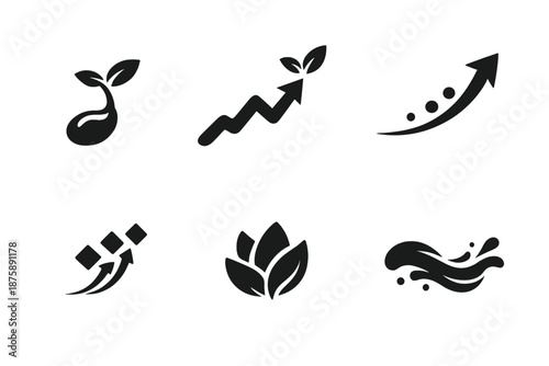 Evolving Iconography. Solid style icons of evolving form: seed sprout, growth line, motion curve, transition mark, unfolding shape