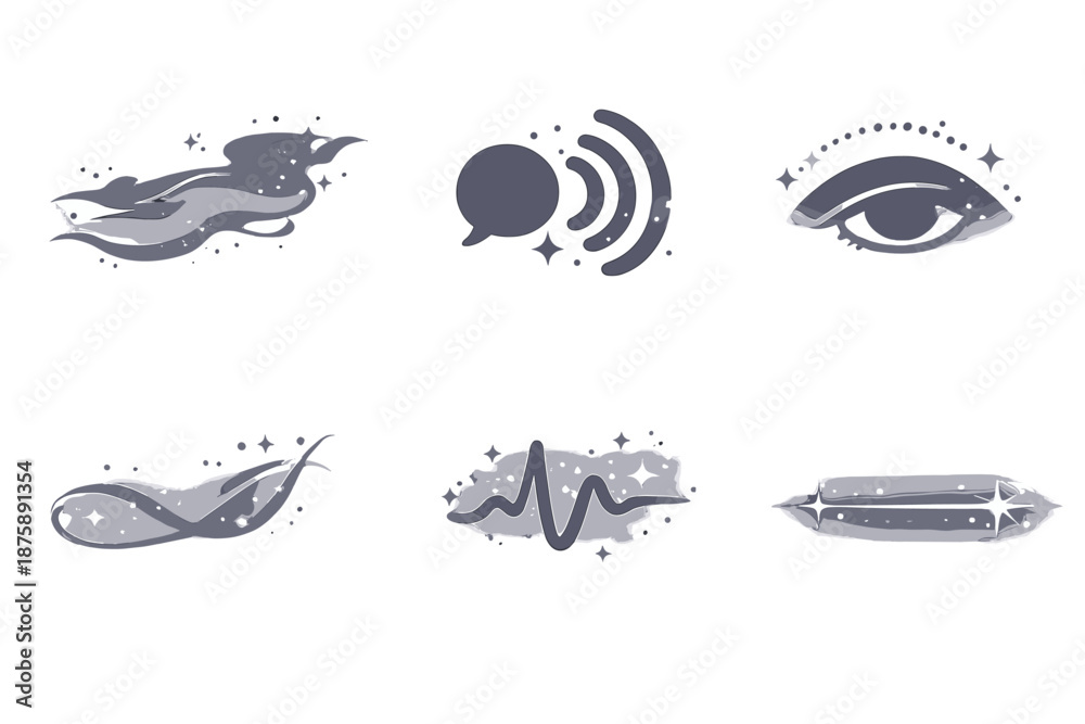 Fototapeta premium Subdued Communication Symbols. Solid style icons of Subdued Communication: dust veil, voice node, hidden arc, glowing thread, soft