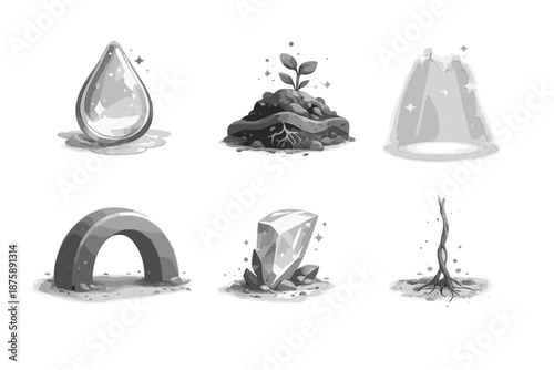 Subtle Stability Icons. Solid style icons of Subtle Stability: glass veil, soil trace, delicate beam, solid arc, translucent shard