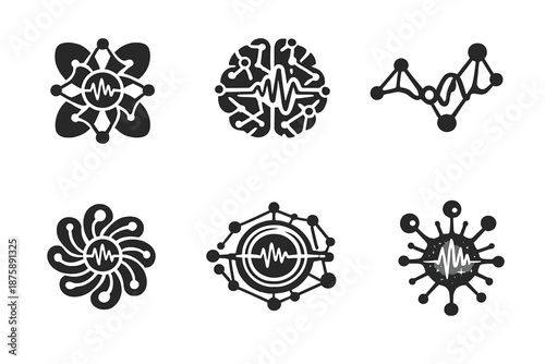 Audio Network Icons. Solid style icons of Audio Networks: datapetal mesh, neural pulse, signal thread, sound bloom, pulse ring,