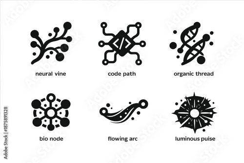 Harmonized Computation Icons. Solid style icons of Harmonized Computation: neural vine, code path, organic thread, bio node,