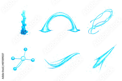 Digital Sculpture Icons. Solid style icons of Digital Sculpture: pixel stem, luminous arc, light thread, glowing node, radiant