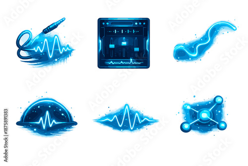Sonic UI Icons. Solid style icons of Sonic UI: sound lace, trace panel, luminous thread, pulse arc, waveform line, glowing node No