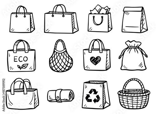 Hand drawn line art shopping bags set featuring tote bags, paper bags, mesh bags, and a basket for retail, market, and ecology concepts