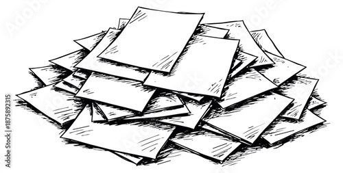 Hand drawn line art illustration of a pile of papers depicting a stack of disorganized sheets for office and business concepts