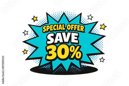 Eye-catching comic style special offer design with 30% discount message