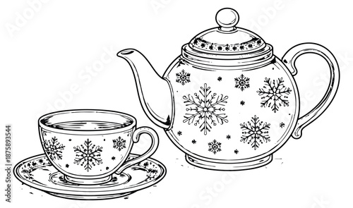 Hand drawn line art tea set featuring a teapot and teacup with snowflake patterns for winter holidays