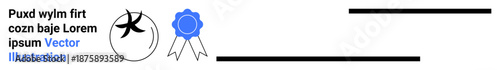 Certification, authorization, approval process, education, awards, validation, identity. Blue ribbon badge tick mark text and lines. Certification and authorization for business and education