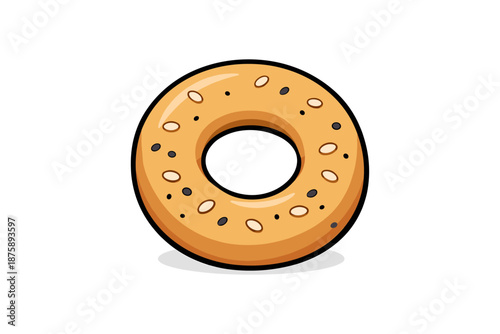 Cartoon bagel with sesame and poppy seeds on white background