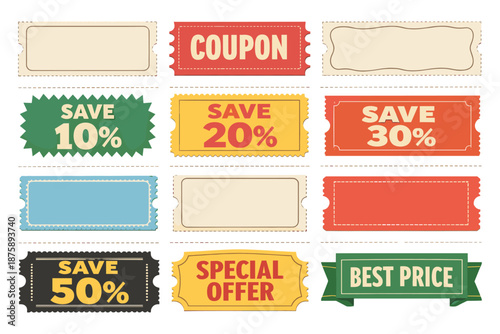 Colorful discount coupons and tags offering special savings and best prices