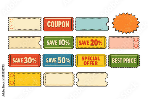 Colorful discount coupons and labels collection featuring various savings and offers