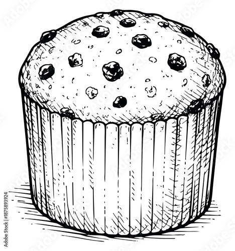 Hand drawn line art illustration of a blueberry muffin depicting a sweet baked treat for cafes and bakeries