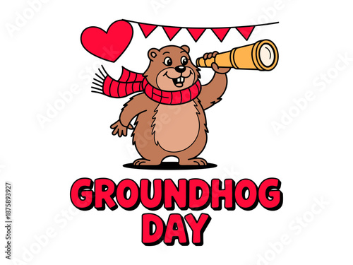 A cartoon groundhog wearing a red scarf and looking through a telescope on Groundhog Day with a heart and banner