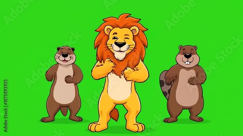 A cheerful animated lion, otter, and beaver stand together with raised arms, happily dancing and celebrating their friendship in a fun, colorful cartoon style against a bright green screen.