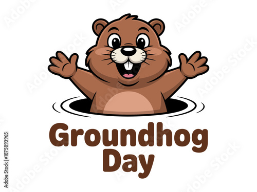 A cheerful cartoon groundhog emerges from its burrow on Groundhog Day with a joyful expression