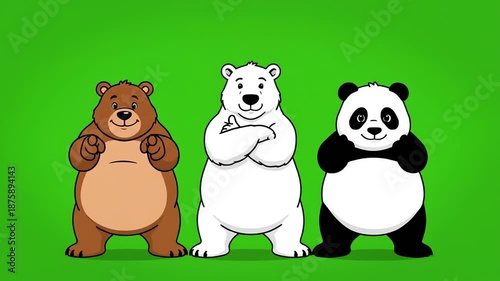 Three cheerful animated bears, including a brown grizzly, a white polar bear, and a black and white panda, happily wave, cheer, and pose together against a vibrant green screen background, perfect.