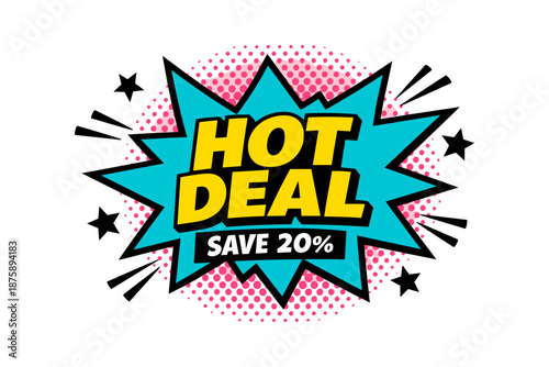 Colorful hot deal badge with 20% discount pop art style