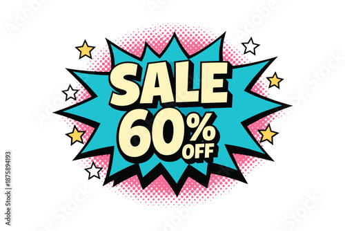 Colorful comic style sale banner with 60% off sign and starburst design