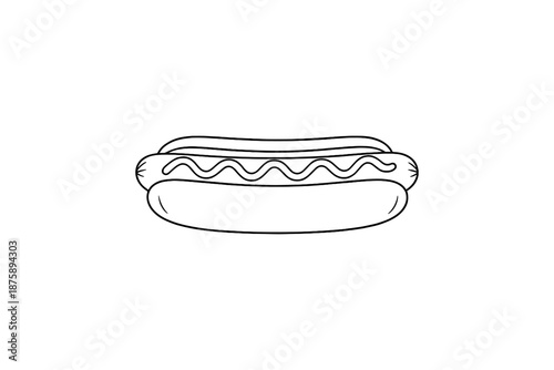 Simple black and white hot dog line drawing with mustard detail