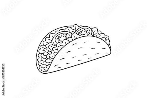 Black and white line art of a taco with lettuce and tomatoes