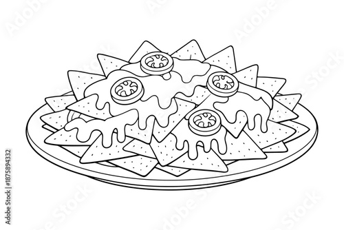 Line art of nachos with cheese and jalapeños on a plate